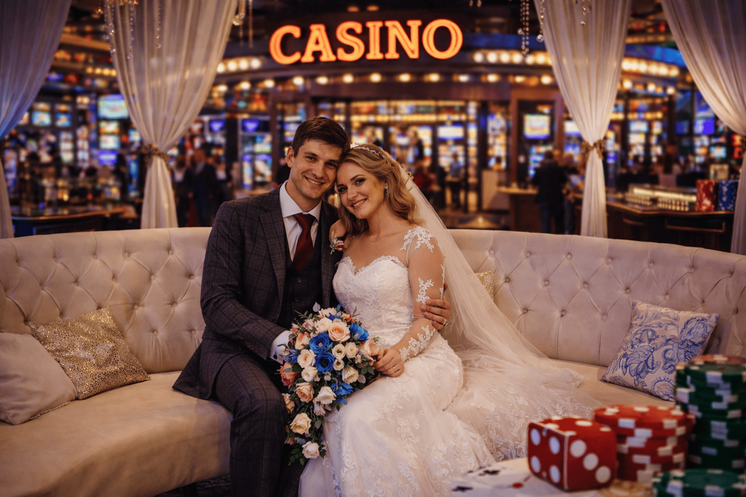 Bride laughing during a casino-themed ceremony at Ellingham Hall in Northumberland